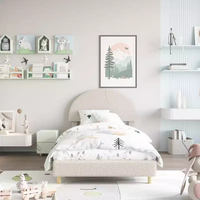 Base de cama moderna para niños con cabecero tapizado en bouclé con arco, resistentes listones de madera, sin ruido, no necesita somier, fácil montaje, individual