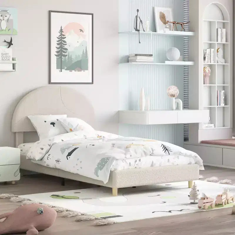 Base de cama moderna para niños con cabecero tapizado en bouclé con arco, resistentes listones de madera, sin ruido, no necesita somier, fácil montaje, individual