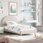 Base de cama moderna para niños con cabecero tapizado en bouclé con arco, resistentes listones de madera, sin ruido, no necesita somier, fácil montaje, individual