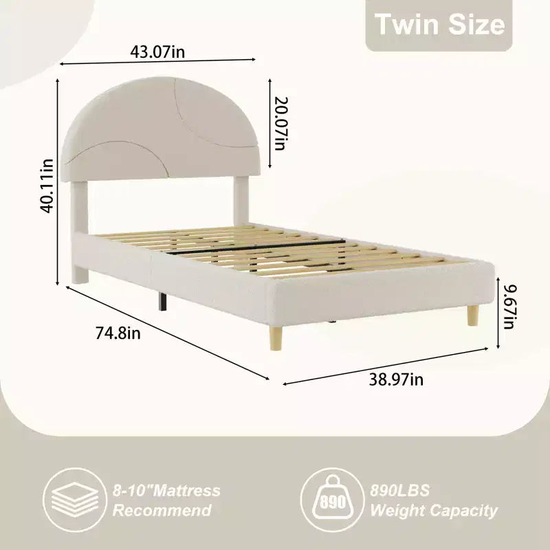 Base de cama moderna para niños con cabecero tapizado en bouclé con arco, resistentes listones de madera, sin ruido, no necesita somier, fácil montaje, individual