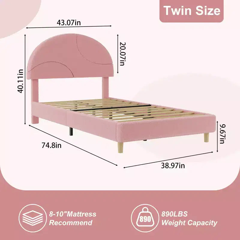 Base de cama moderna para niños con cabecero tapizado en bouclé con arco, resistentes listones de madera, sin ruido, no necesita somier, fácil montaje, individual