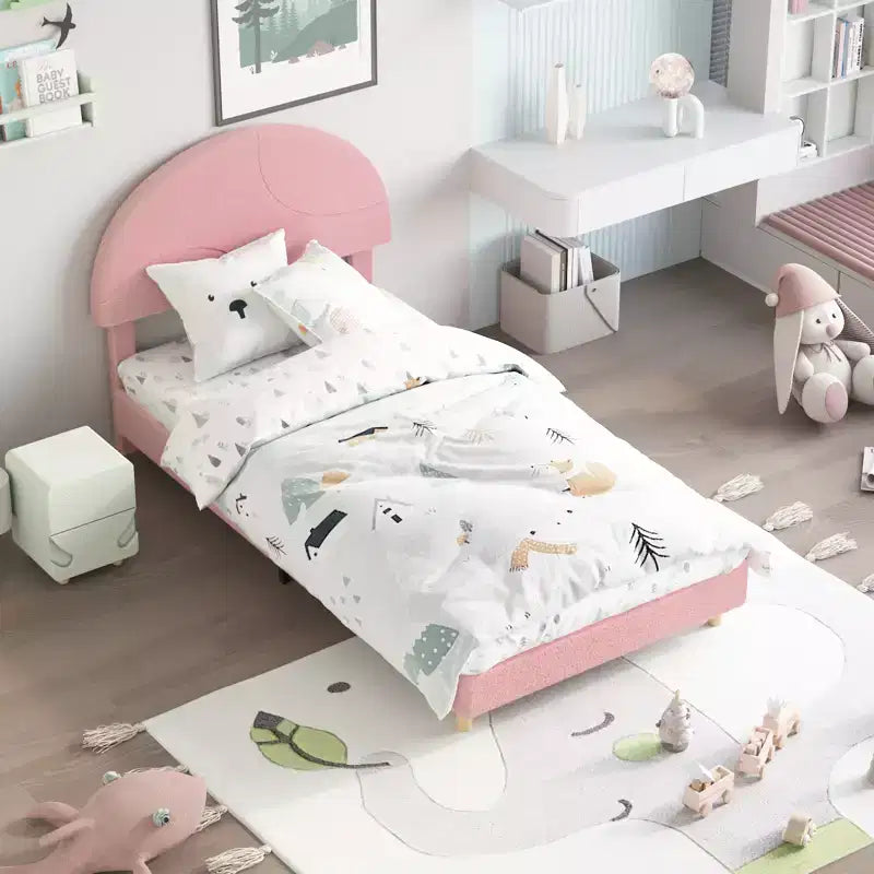 Base de cama moderna para niños con cabecero tapizado en bouclé con arco, resistentes listones de madera, sin ruido, no necesita somier, fácil montaje, individual