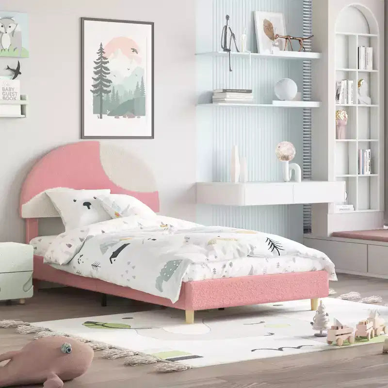 Base de cama moderna para niños con cabecero tapizado en bouclé con arco, resistentes listones de madera, sin ruido, no necesita somier, fácil montaje, individual