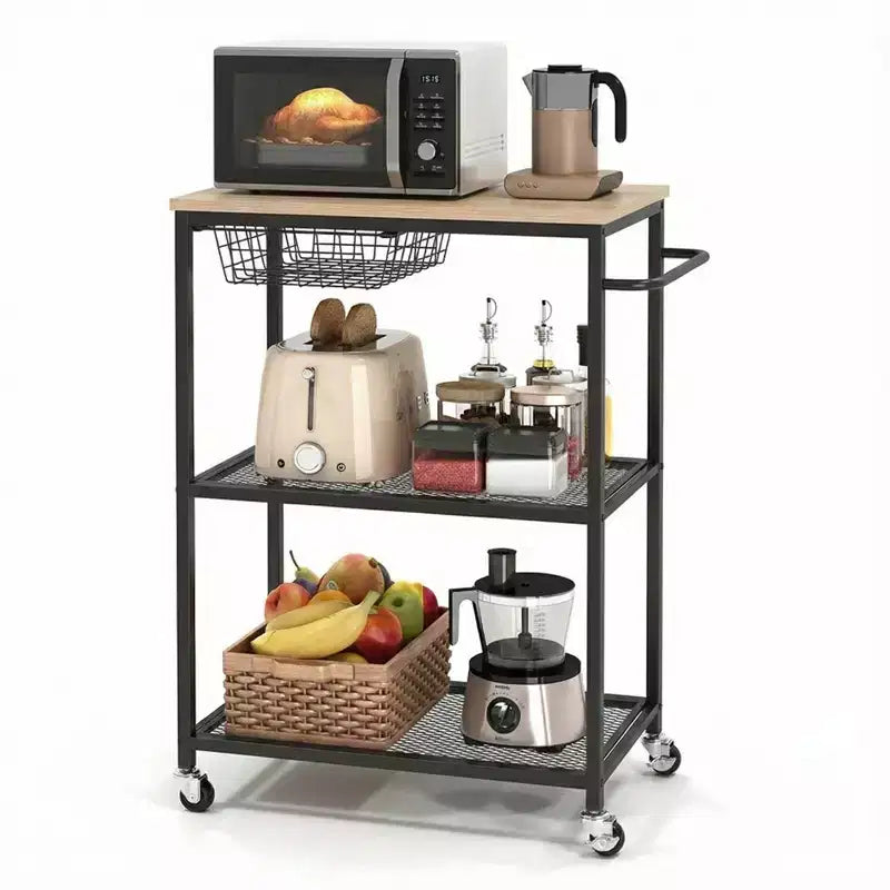 Kitchen Utility Cart, 3 Tier Rolling Storage Cart with Lockable Wheels, Vintage Microwave Kitchen Carts for Kitchen Island Living Room Office, Black