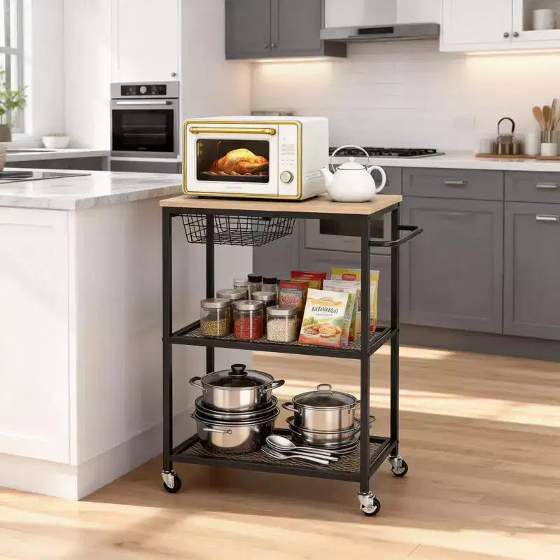 Carrito de cocina auxiliar, carrito de almacenamiento rodante de 3 niveles con ruedas bloqueables, carros de cocina vintage para microondas para isla de cocina, sala de estar, oficina, negro