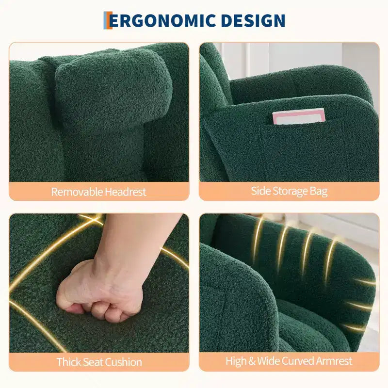 Cómoda mecedora con respaldo alto, sillón acolchado, sillón reclinable individual moderno con soporte para la cabeza, adecuado para sala de estar, dormitorio.
