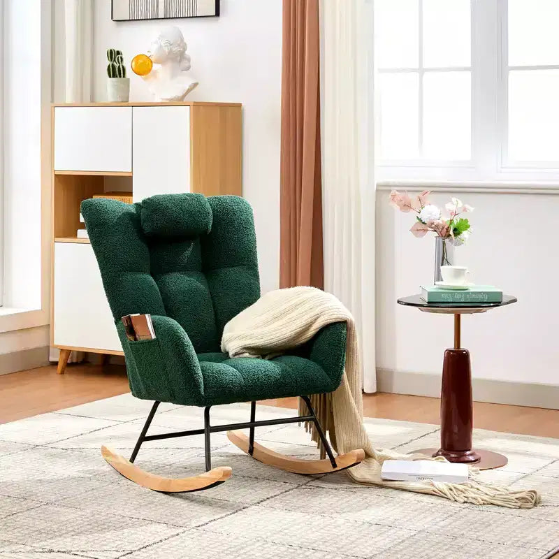 Comfortable high-back rocking chair  a padded lounge chair, a modern single recliner with headrest support, suitable for living room, bedroom.