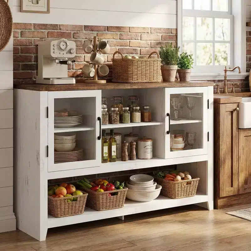 Aparador de almacenamiento de 53 pulgadas, gabinete para barra de café con 3 estantes y 2 puertas de vidrio, diseño moderno de mediados de siglo para sala de estar, cocina, entrada