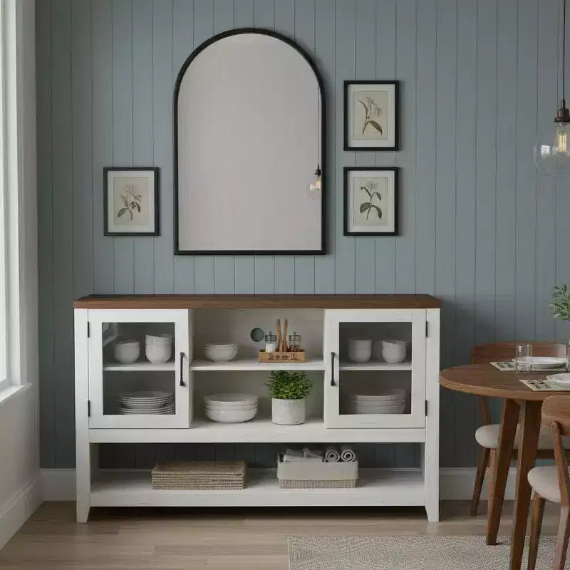 Aparador de almacenamiento de 53 pulgadas, gabinete para barra de café con 3 estantes y 2 puertas de vidrio, diseño moderno de mediados de siglo para sala de estar, cocina, entrada
