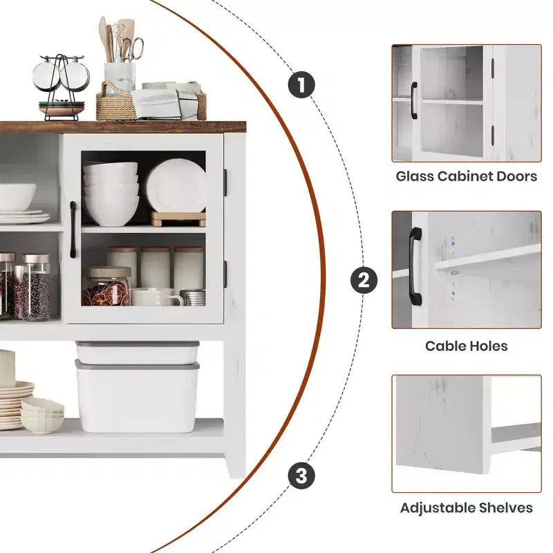 Aparador de almacenamiento de 53 pulgadas, gabinete para barra de café con 3 estantes y 2 puertas de vidrio, diseño moderno de mediados de siglo para sala de estar, cocina, entrada