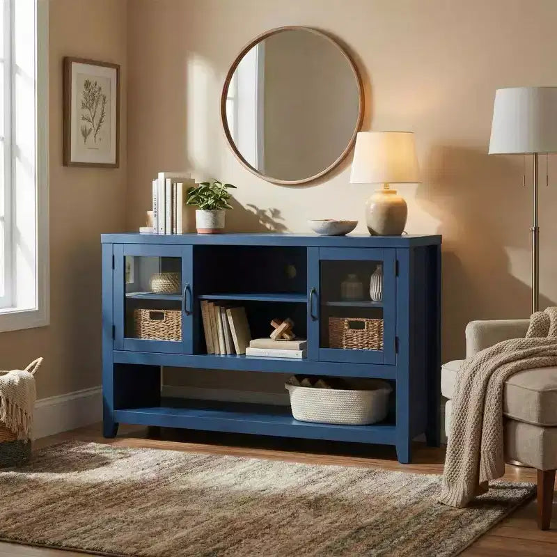 Aparador de almacenamiento de 53 pulgadas, gabinete para barra de café con 3 estantes y 2 puertas de vidrio, diseño moderno de mediados de siglo para sala de estar, cocina, entrada
