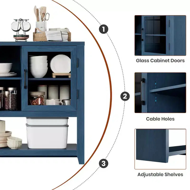 Aparador de almacenamiento de 53 pulgadas, gabinete para barra de café con 3 estantes y 2 puertas de vidrio, diseño moderno de mediados de siglo para sala de estar, cocina, entrada