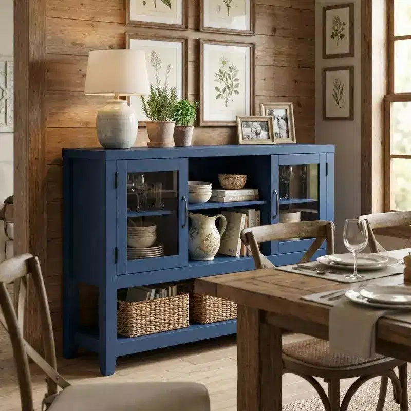Aparador de almacenamiento de 53 pulgadas, gabinete para barra de café con 3 estantes y 2 puertas de vidrio, diseño moderno de mediados de siglo para sala de estar, cocina, entrada
