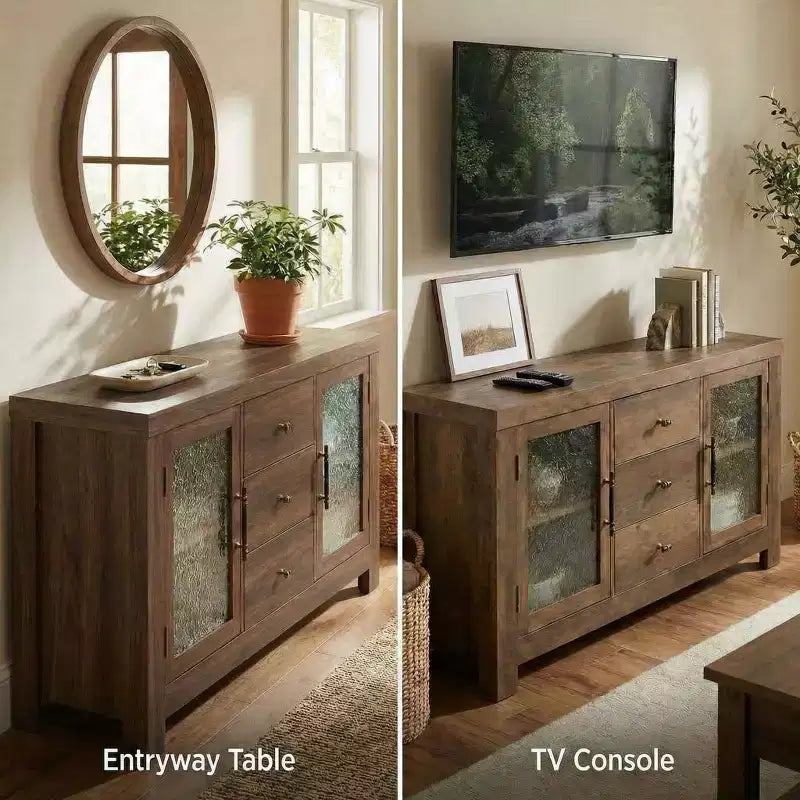 Aparador de bufé, mesa de bar de café con 2 puertas de vidrio, 3 cajones, gabinete de almacenamiento decorativo para sala de estar, cocina, comedor, entrada
