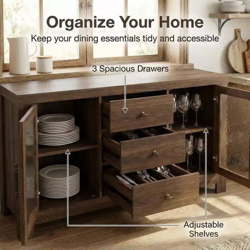 Aparador de bufé, mesa de bar de café con 2 puertas de vidrio, 3 cajones, gabinete de almacenamiento decorativo para sala de estar, cocina, comedor, entrada