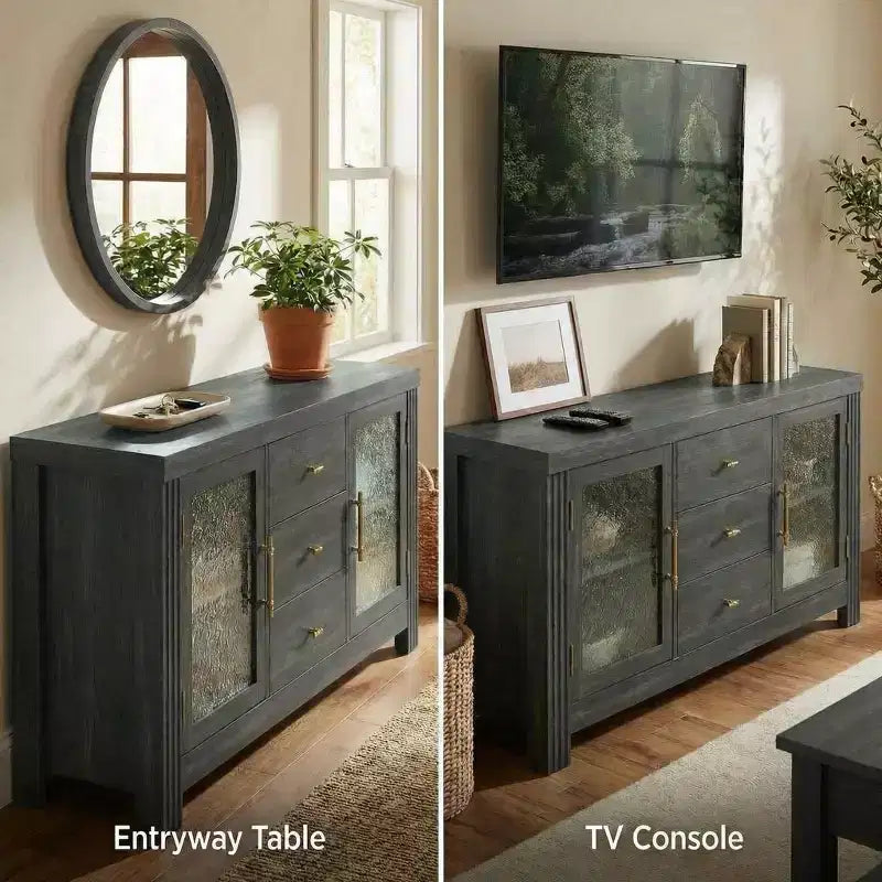 Aparador de bufé, mesa de bar de café con 2 puertas de vidrio, 3 cajones, gabinete de almacenamiento decorativo para sala de estar, cocina, comedor, entrada