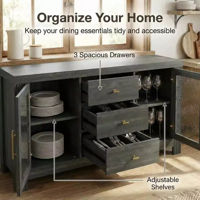 Aparador de bufé, mesa de bar de café con 2 puertas de vidrio, 3 cajones, gabinete de almacenamiento decorativo para sala de estar, cocina, comedor, entrada