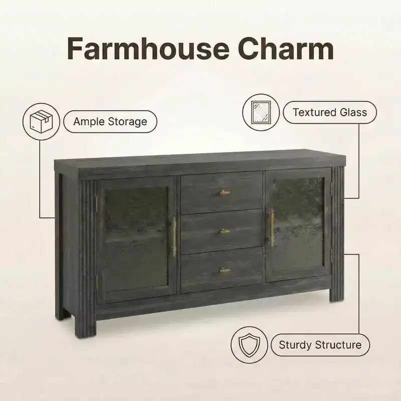 Aparador de bufé, mesa de bar de café con 2 puertas de vidrio, 3 cajones, gabinete de almacenamiento decorativo para sala de estar, cocina, comedor, entrada