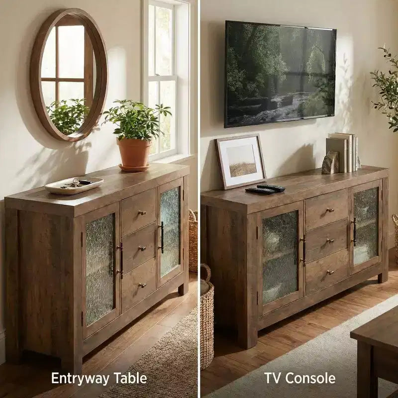 Aparador de bufé, mesa de bar de café con 2 puertas de vidrio, 3 cajones, gabinete de almacenamiento decorativo para sala de estar, cocina, comedor, entrada