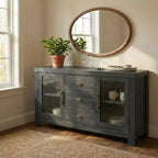 Buffet Sideboard, Coffee Bar Table with 2 Glass Doors, 3 Drawers, Accent Storage Cabinet for Living Room, Kitchen, Dining Room, Entryway