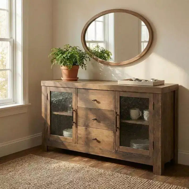 Aparador de bufé, mesa de bar de café con 2 puertas de vidrio, 3 cajones, gabinete de almacenamiento decorativo para sala de estar, cocina, comedor, entrada