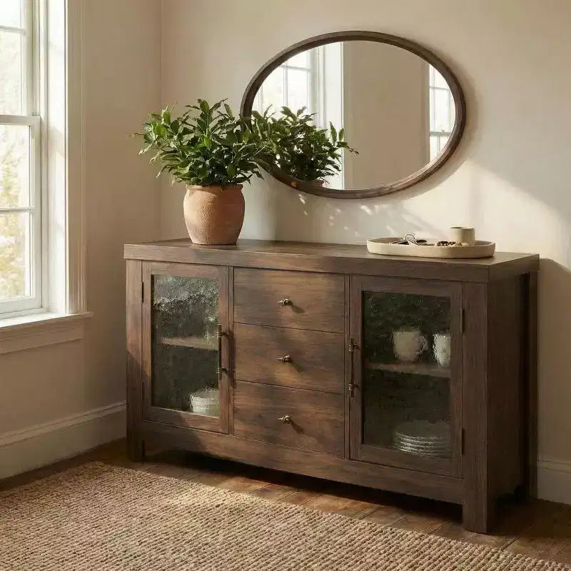 Aparador de bufé, mesa de bar de café con 2 puertas de vidrio, 3 cajones, gabinete de almacenamiento decorativo para sala de estar, cocina, comedor, entrada