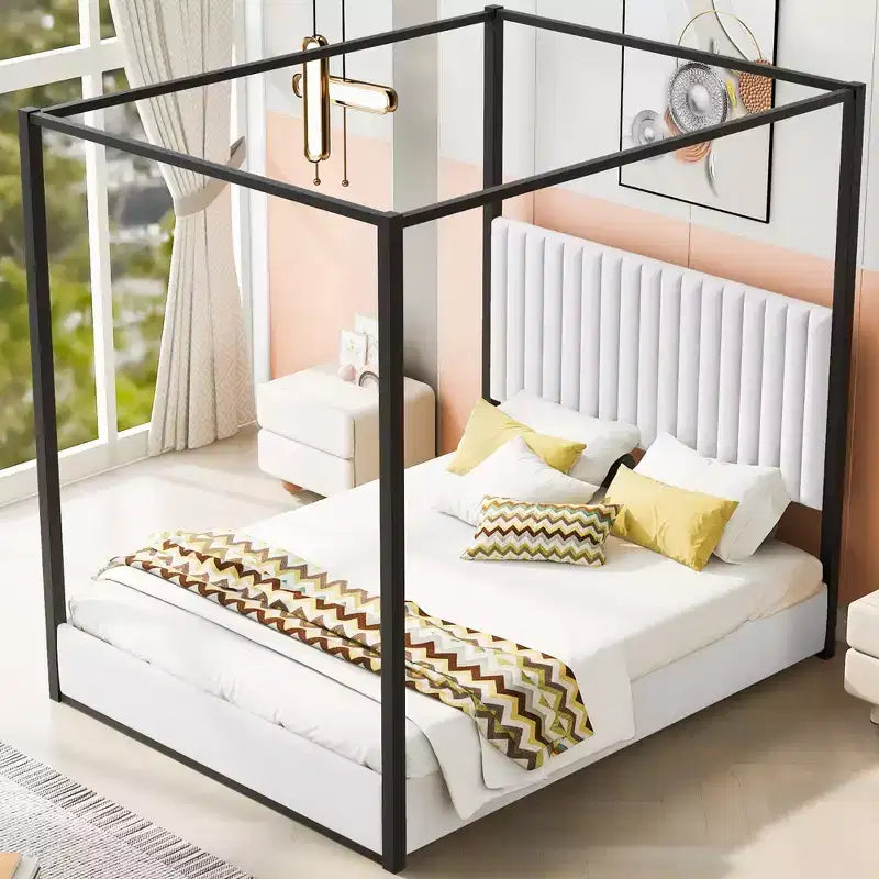 Cama tipo plataforma con dosel tapizado tamaño Queen/King con cabecero y estructura metálica