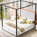 Cama tipo plataforma con dosel tapizado tamaño Queen/King con cabecero y estructura metálica