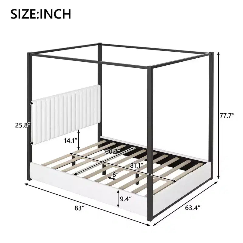 Cama tipo plataforma con dosel tapizado tamaño Queen/King con cabecero y estructura metálica