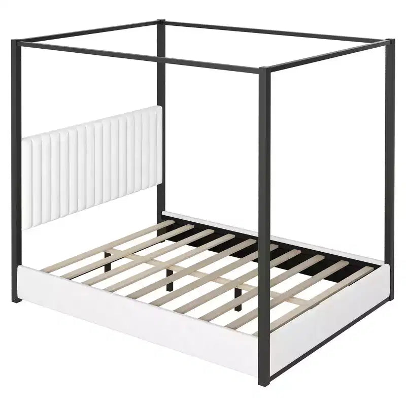 Cama tipo plataforma con dosel tapizado tamaño Queen/King con cabecero y estructura metálica