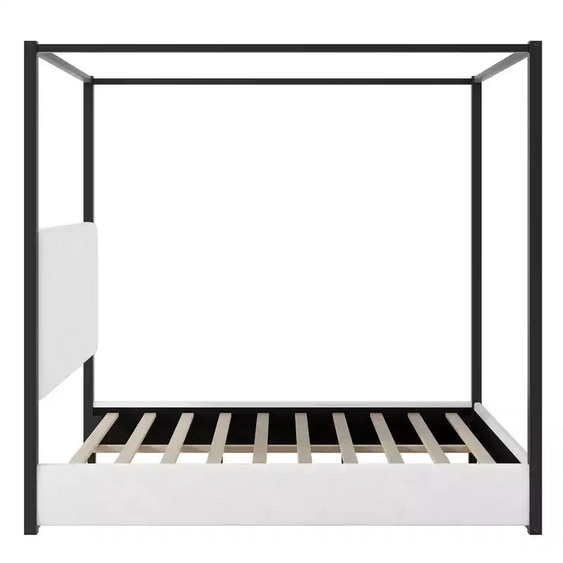 Cama tipo plataforma con dosel tapizado tamaño Queen/King con cabecero y estructura metálica