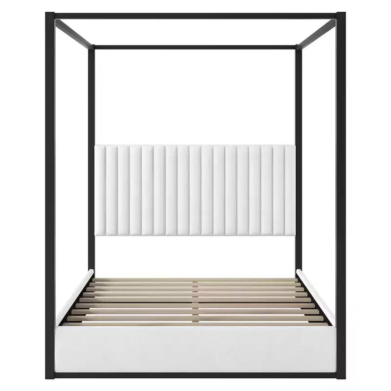 Cama tipo plataforma con dosel tapizado tamaño Queen/King con cabecero y estructura metálica