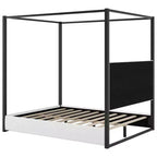 Cama tipo plataforma con dosel tapizado tamaño Queen/King con cabecero y estructura metálica