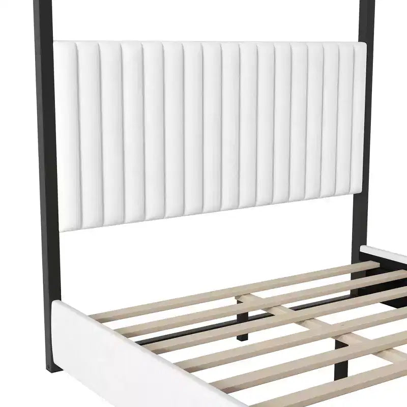Cama tipo plataforma con dosel tapizado tamaño Queen/King con cabecero y estructura metálica