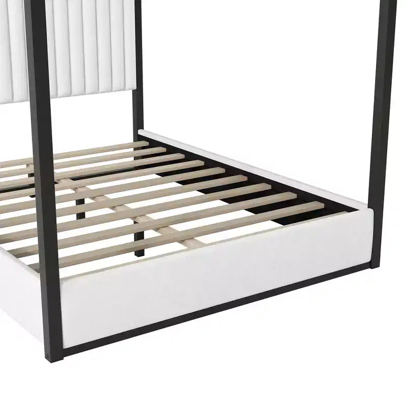 Cama tipo plataforma con dosel tapizado tamaño Queen/King con cabecero y estructura metálica