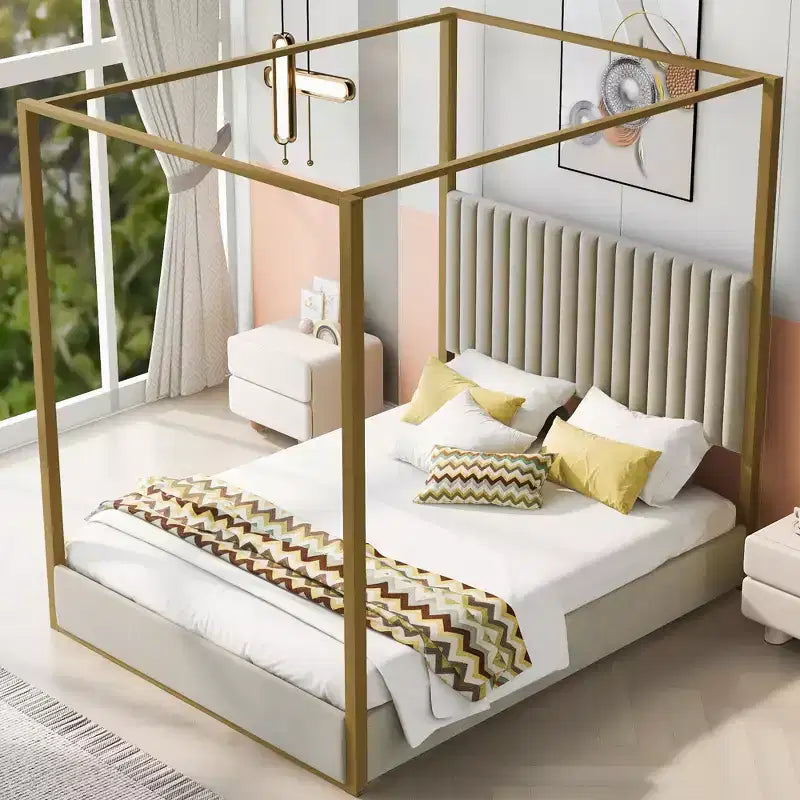 Cama tipo plataforma con dosel tapizado tamaño Queen/King con cabecero y estructura metálica