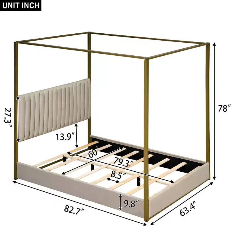 Cama tipo plataforma con dosel tapizado tamaño Queen/King con cabecero y estructura metálica