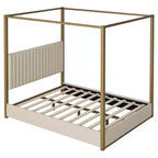 Cama tipo plataforma con dosel tapizado tamaño Queen/King con cabecero y estructura metálica