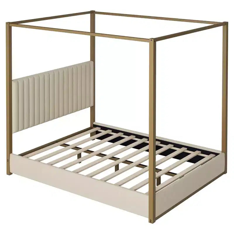 Cama tipo plataforma con dosel tapizado tamaño Queen/King con cabecero y estructura metálica
