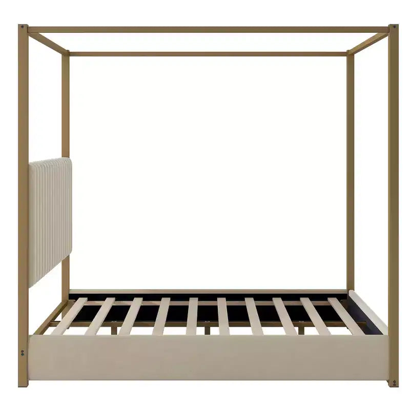 Cama tipo plataforma con dosel tapizado tamaño Queen/King con cabecero y estructura metálica