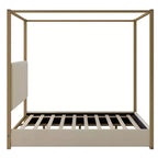 Cama tipo plataforma con dosel tapizado tamaño Queen/King con cabecero y estructura metálica