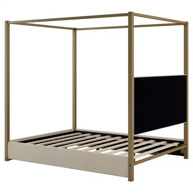 Cama tipo plataforma con dosel tapizado tamaño Queen/King con cabecero y estructura metálica
