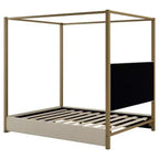Cama tipo plataforma con dosel tapizado tamaño Queen/King con cabecero y estructura metálica