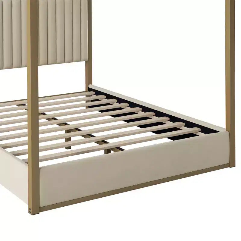 Cama tipo plataforma con dosel tapizado tamaño Queen/King con cabecero y estructura metálica