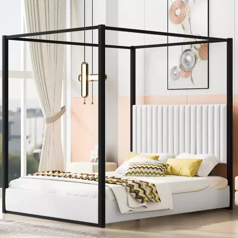Cama tipo plataforma con dosel tapizado tamaño Queen/King con cabecero y estructura metálica