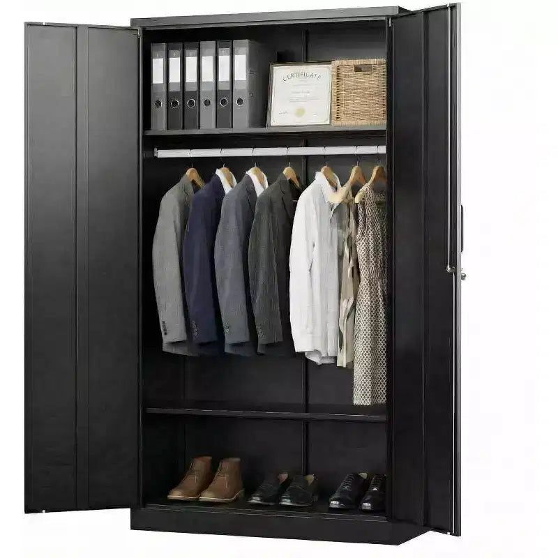 Armario de 183 cm con cerradura, armarios de almacenamiento de garaje de metal negro con estantes ajustables y barra para colgar, armario de almacenamiento de metal para el hogar, dormitorio