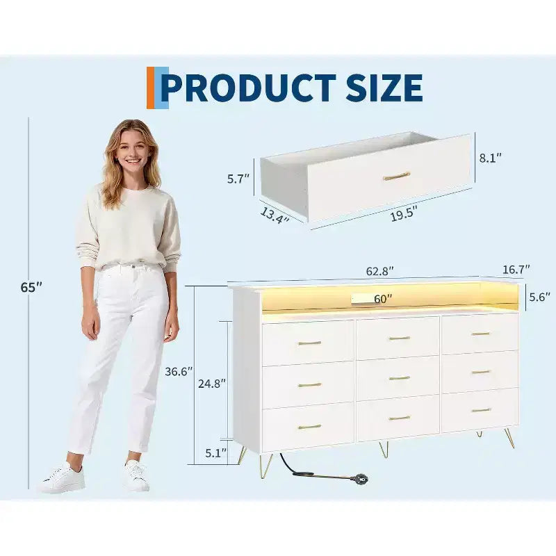 Cómodas de madera de 9 cajones con luces LED y estación de carga, cómoda de madera con control por aplicación, armario de almacenamiento para sala de estar, clóset