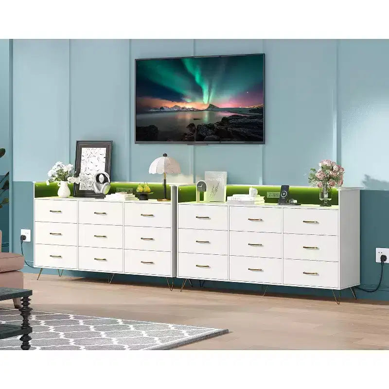 Cómodas de madera de 9 cajones con luces LED y estación de carga, cómoda de madera con control por aplicación, armario de almacenamiento para sala de estar, clóset