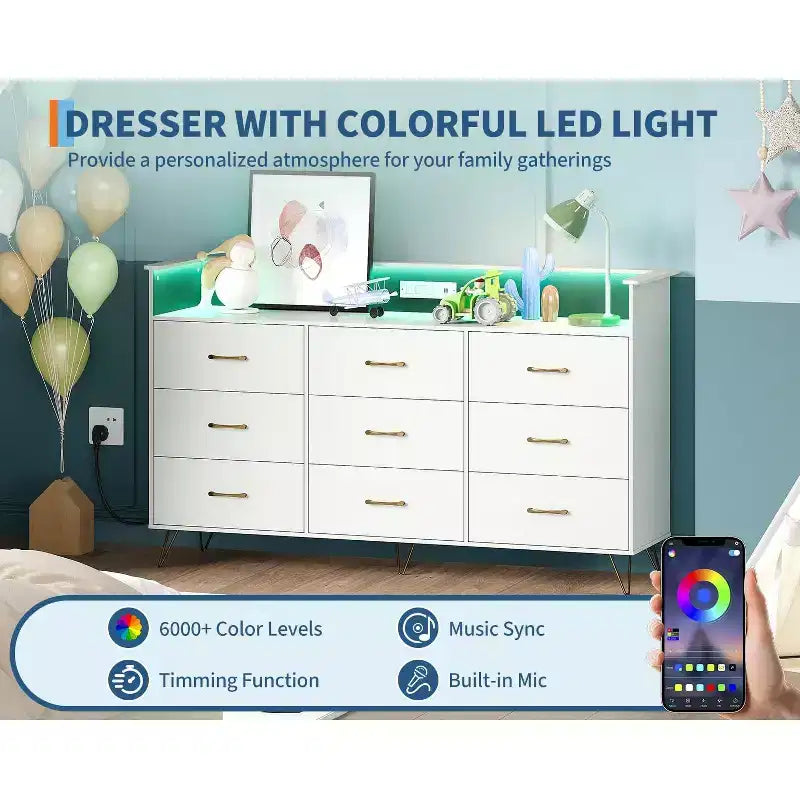Cómodas de madera de 9 cajones con luces LED y estación de carga, cómoda de madera con control por aplicación, armario de almacenamiento para sala de estar, clóset