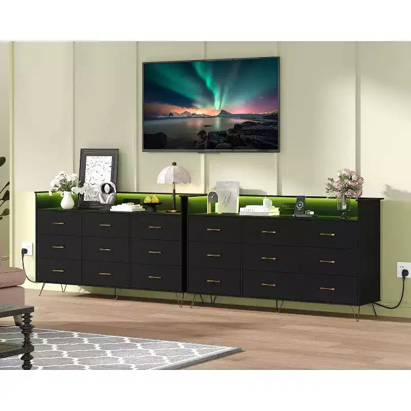 Cómodas de madera de 9 cajones con luces LED y estación de carga, cómoda de madera con control por aplicación, armario de almacenamiento para sala de estar, clóset